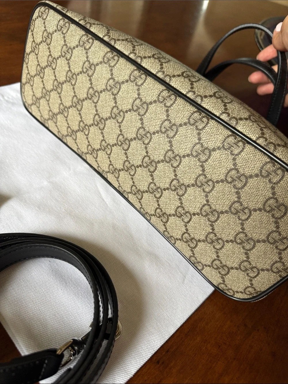 Gucci Beige GG Canvas Satchel with Black Leather Trim